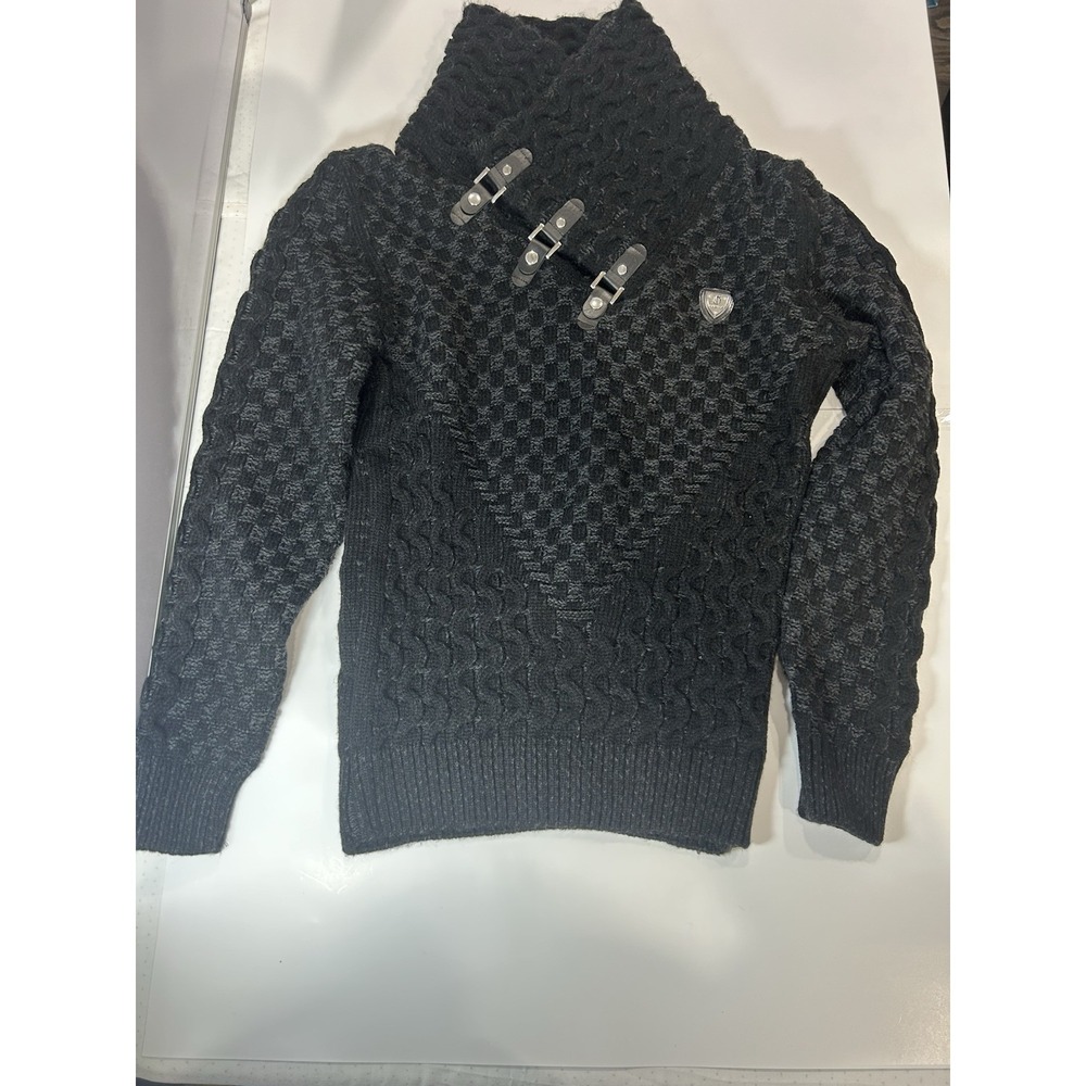Leif Nelson Blk/gray Shawl Collar Buckle Chunky Cable Knit Sweater Men's  XL